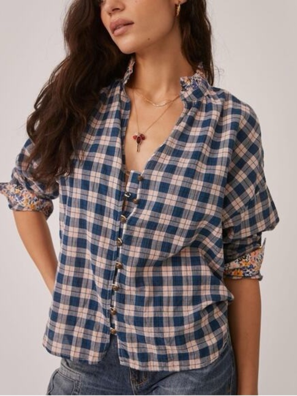 Pilcro Blue Plaid Button-Down Shirt with Ruffle Collar